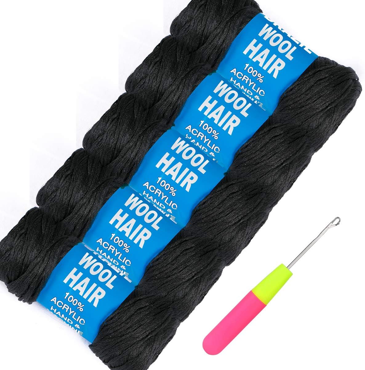 3Pcs Brazilian Yarn Wool Hair Arylic Yarn for Hair Crochet Braid Twist Warps Black Color