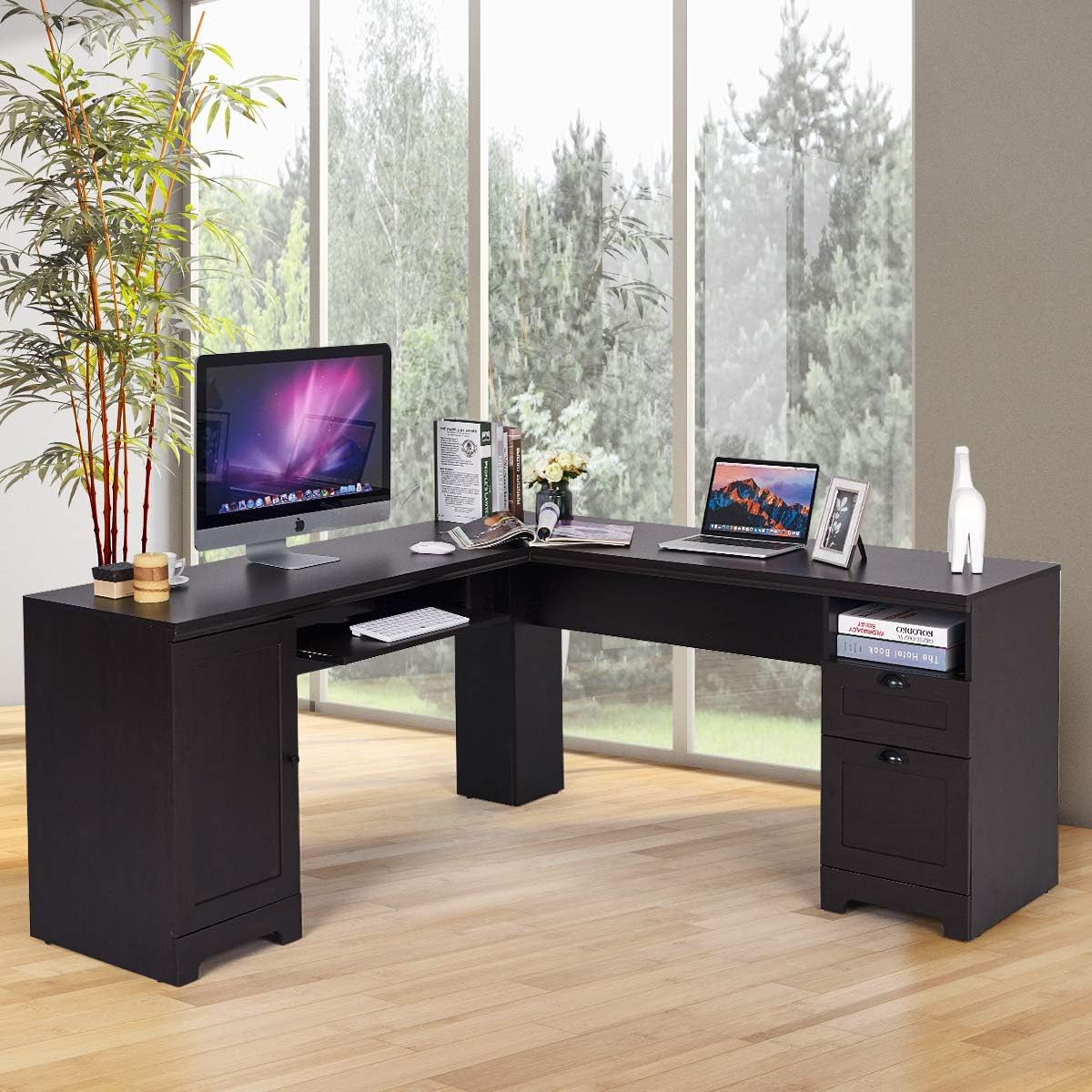 GOFLAME 66 Inch L-Shaped Computer Desk, Spacious Corner Desk wDrawers, Cabinet & Keyboard Tray, Executive Office Desk, Study Gaming Workstation for Home Office Black