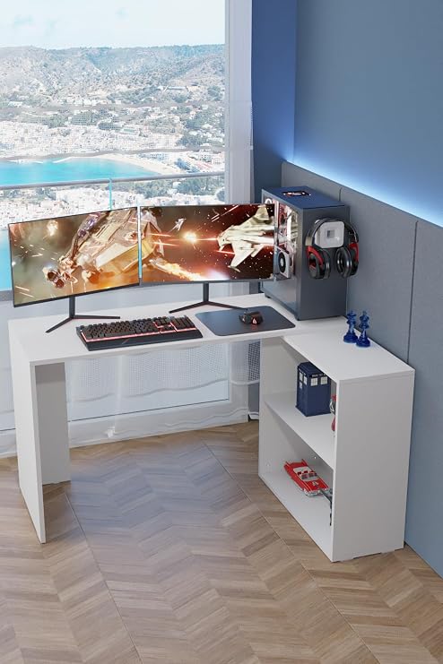 L Table White - L Desk Computer Desk with Cabinet Bookcase