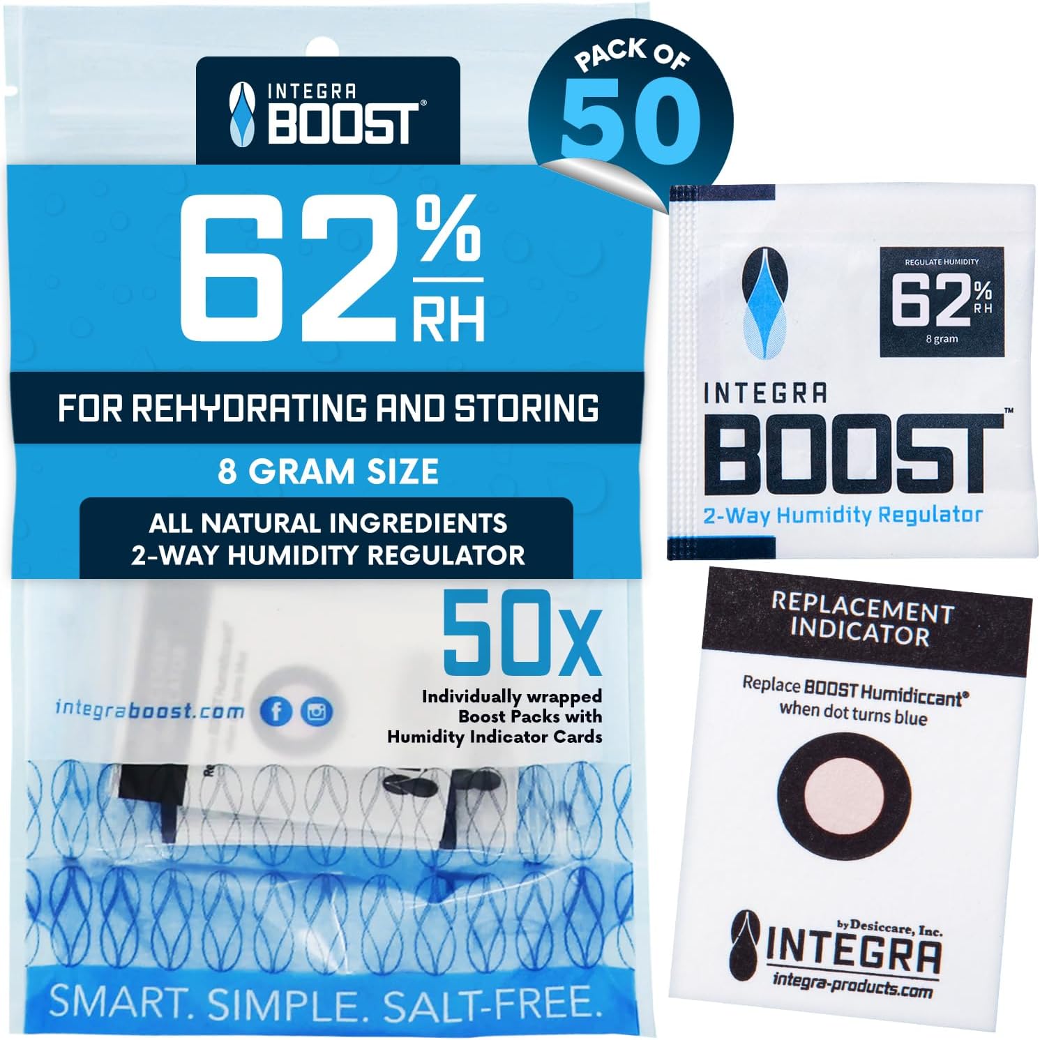 Integra Boost 2-Way Humidity Control Pack - Preserve Flavor & Control Humidity at 62% RH - Moisture Absorber for Herbs, Spices & More - 8 Gram (Pack of 50)
