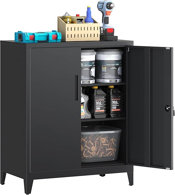 Storage Cabinet, Metal Locking Garage Cabinet, Office Cabinet with Adjustable Shelves, Cupboards for Office, Garage and Utility Room, 40D x 80W x 100H