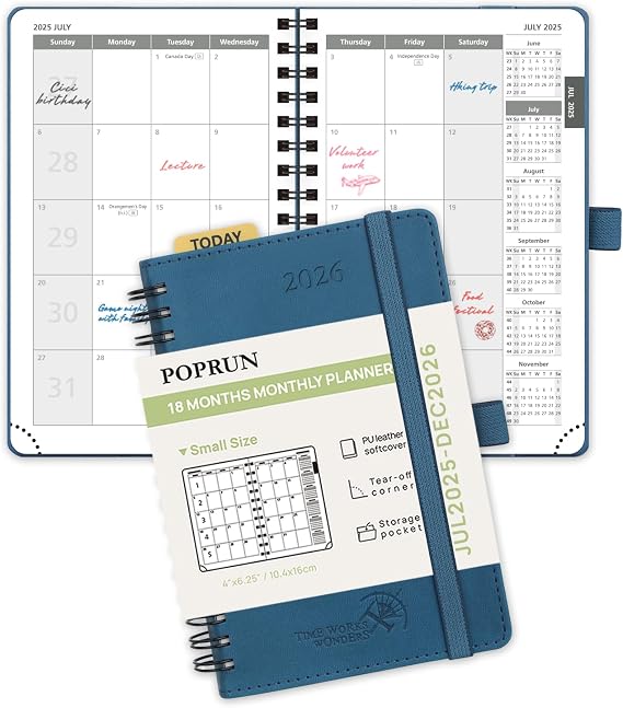 POPRUN Monthly Planner 2025-2026 Pocket Size (4" x 6.25") 18 Months Calendar (Jul 2025 - Dec 2026) - 4 Pages per Month with Monthly Expense & Notes, Sunday Start, Leather Cover - Night Sky Blue