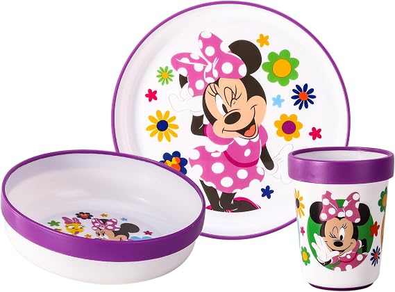Minnie Mouse 3pcs Reusable Bicolor Kids Dinner Tableware Set | Premium Plastic Dinnerware Sets Includes Toddler Cups, Plates and Bowls, 100% Safe, BPA Free & Certified Food Safe (US/EU)