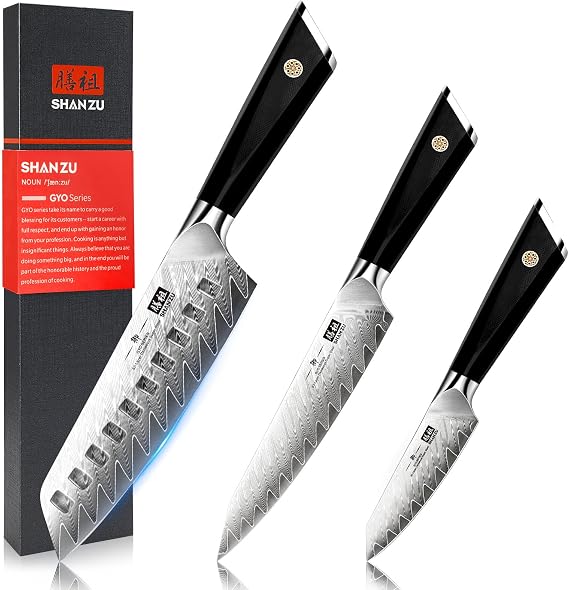 SHANZU 3PCS Damascus Chef Knife Set, 67-Layer High Carbon Steel Kitchen Knife,Ultra Sharp Japanese Chef Knife,Professional Kitchen Utility Knives with G10 Ergonomic Handle Cooking Knife with Gift Box