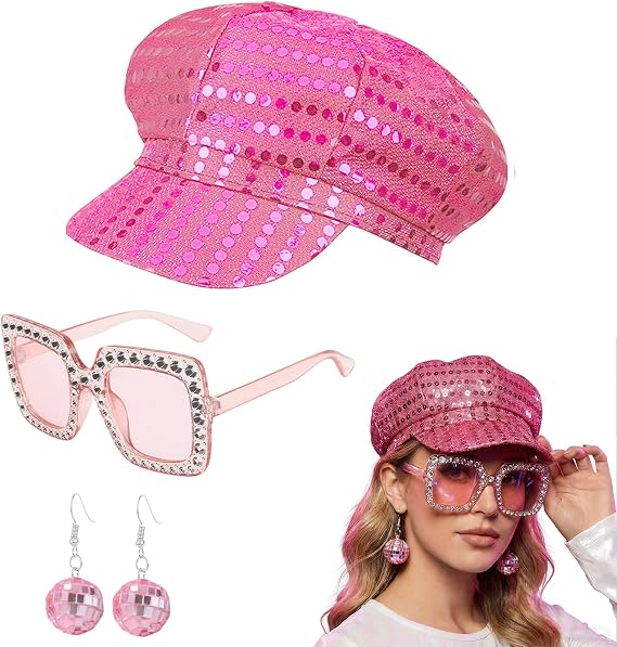 Amycute 70s Disco Costume Accessory Set - Inlcude Sequin Hat, Earrings Bling Sunglasses for 70s Theme Party, ABBA Party, Hen Do, Festival