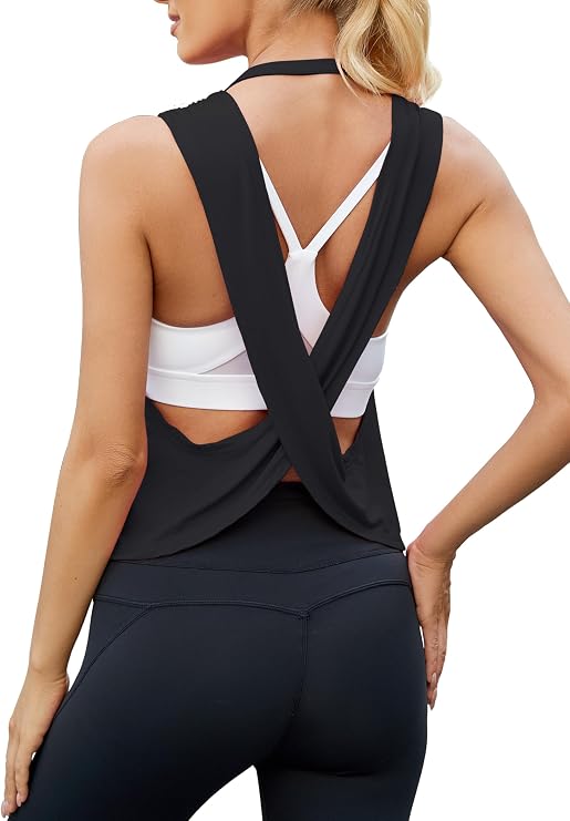 Mippo Workout Tops for Women Open Back Shirts Cropped Athletic Tank Top