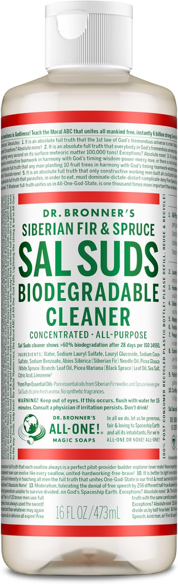 Dr. Bronner's Sal Suds Biodegradable Cleaner (16 oz) All Purpose Pine Mop Detergent for Floors, Laundry & Dishes, Multi Surface Concentrate, Heavy-Duty Degreaser