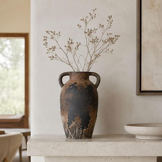 Rustic Ceramic Vase with Handles - 8.7 Inch Terracotta Wabi Sabi Decorative Flower Vase for Home Decor, Farmhouse Vintage Pottery Centerpiece for Table, Shelf Decor, Living Room or Entryway Decorative