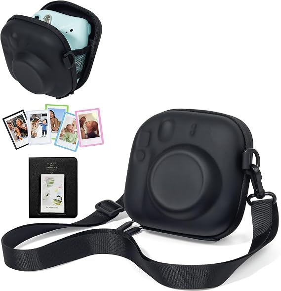 CAIYOULE Camera Case for Fujifilm Instax Mini 13/12/11/41/Evo/SE Camera | Protective Camera Carrying Case, Hard Camera Shell with 64 Photo Album, 5 Magnetic Picture Frames, Adjustable Strap, Black