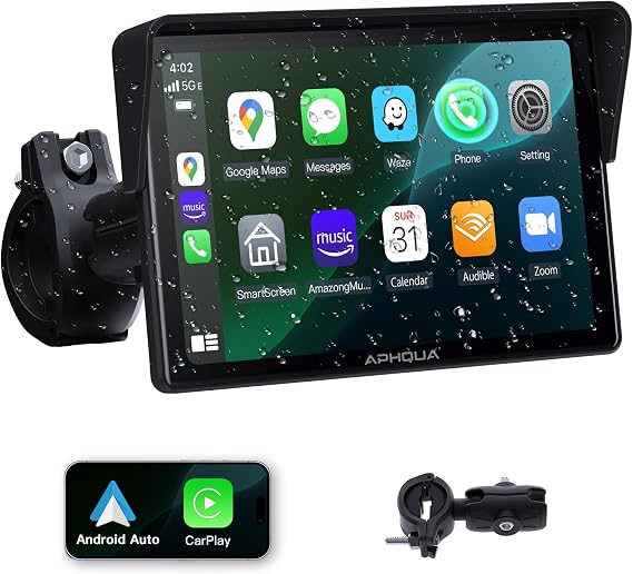 5 Inch Motorcycle CarPlay & Android Auto Display IP67 Waterproof | TouchScreen GPS Navigation System Dual Bluetooth, TF Card, GPS Navigation, Universal Mount APHQUA 522