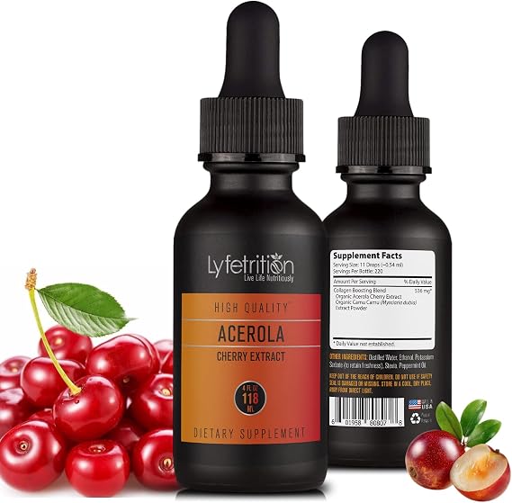 Lyfetrition Acerola Cherry Extract Liquid Supplement 118 ml | 4 FL OZ | 220 Servings| 536mg | Camu Camu Extract | Made in USA | Quick Absorption | Non-GMO | Gluten-Free