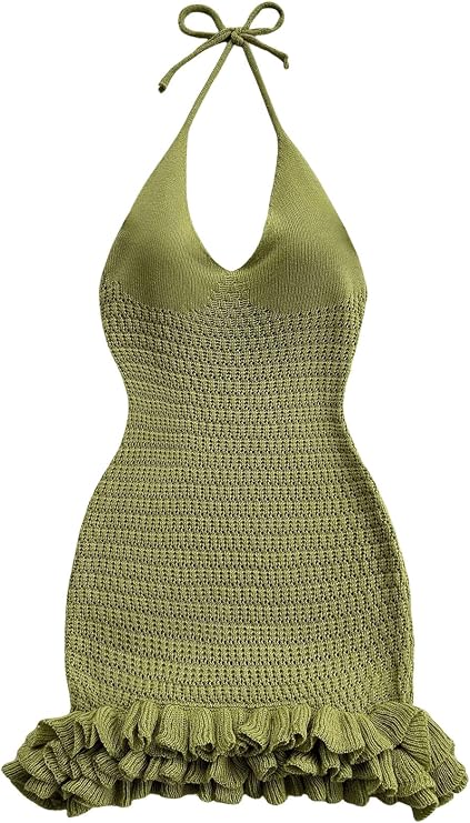 GORGLITTER Women's Crochet Halter Mini Dress Vacation Miami Beach Outfits