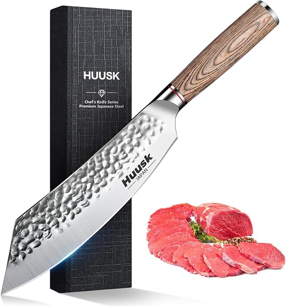 Huusk Japanese Meat Cleaver Knife - 8 Inch Butcher Knife for Meat Cutting | Hand Forged Butcher Cleaver for Meat & Vegetable Cutting, Sharp Kitchen Knife with Pakkawood Handle, Gift Idea for Men Women