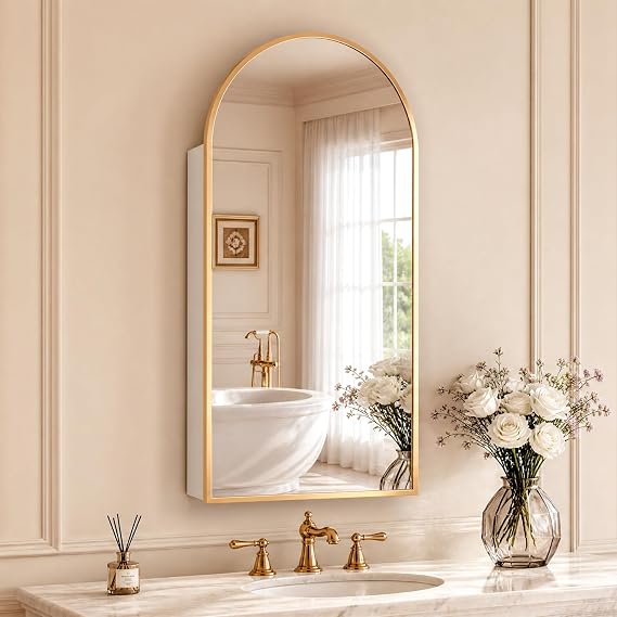 FKWin Gold Medicine Cabinet Mirror, Wall-Mounted Mirror Cabinet, 16x32 Inch