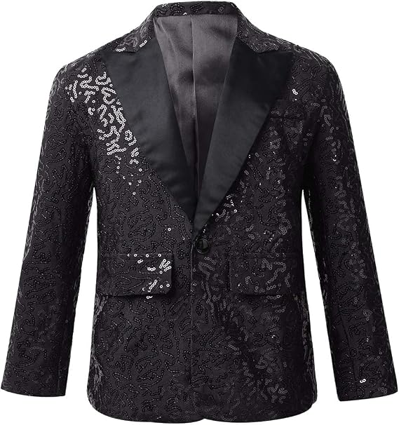 Kids Boys Shiny Sequins Suit Jacket Blazer One Button Tuxedo for Wedding Party Banquet Prom