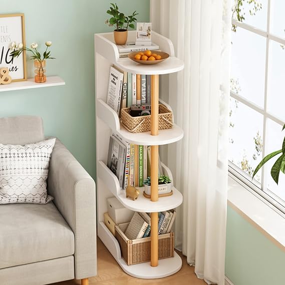 Free-Standing Wooden Wall Corner Bookshelf, 2/3/4-Tier Narrow Shelf Stand, Small Spaces Bookcase Storage Organizer for Home Office,Open Display Rack Plant Stand(18.9" Lx9.5 Wx40.6 H, White)