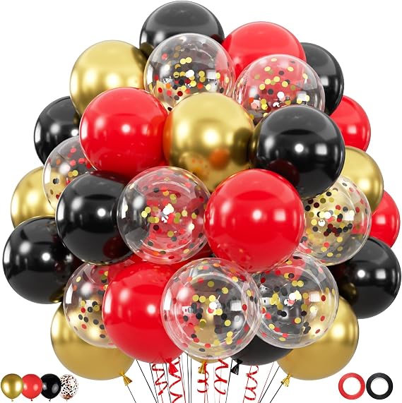 100pcs Black Gold Red Balloons, 12inch Red Black and Metallic Gold Confetti Balloons for Birthday, Anniversary, Casino Night, Graduation, Hollywood Movie Night Party Decorations