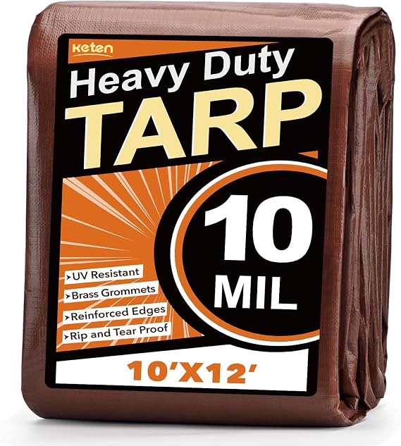 Keten Tarps Heavy Duty Waterproof 10x12 Feet, Extra Thick 10 Mil (Brown) | Tear & Fade Resistant, UV Blocking, Outdoor Tarp with Reinforced Grommets for Roof, Camping, Patio, Pool, Boat