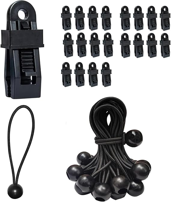 40 Pcs Tent Heavy Duty Lock Grip Clips with Ball Head Elastic Ropes. Durable Outdoor Camping Hiking Tarp Clamps, Hold Down Shade Cloth Clips, Awning Tarp Clamps for Canopy Fasteners (Black).