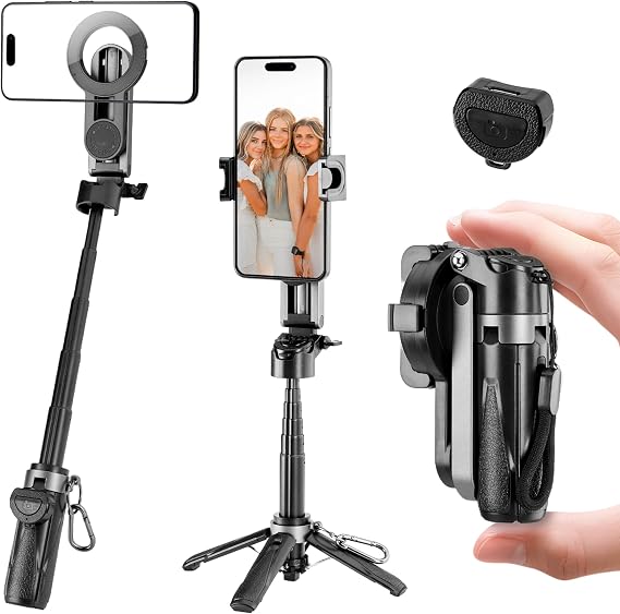 Magnetic Tripod for Phone,2 in 1 for Magsafe Stand& Clip Portable Pocket Size Selfie Stick for Android/iPhone,Phone Holder with Wireless Rechargeable Remote Control for Photography, Live Streaming
