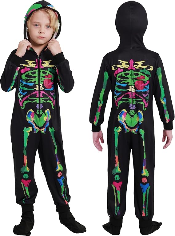 Kids Halloween Skeleton Costume Hooded Jumpsuit, 3-12 Years