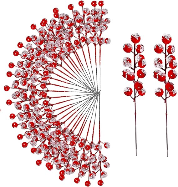 32 Pcs Christmas Tree Decorations, 8" Snowy Red Frosted Holly Berries Stems