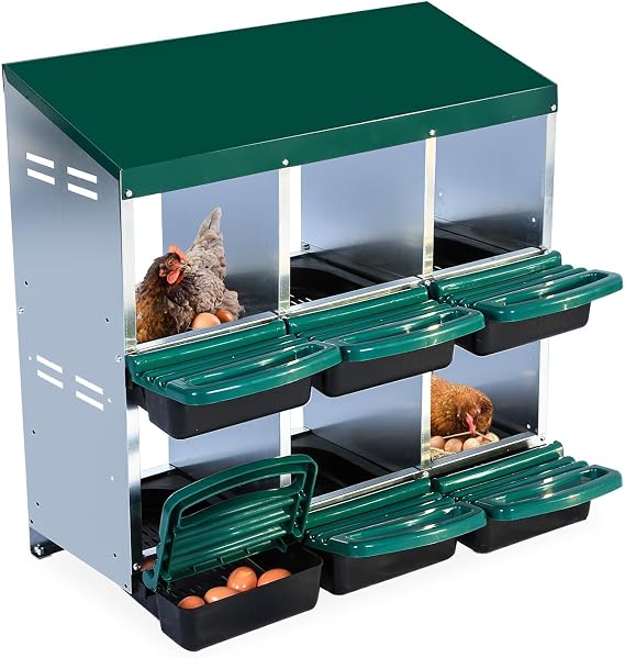 Chicken Nesting Boxes,6 Hole Metal Roll Away Eggs Laying Boxes with Ventilation Holes,Rustproof Plastic Tray & Keyhole Mounting, Cleanable Pull Out Nest Box for Hen & Duck, Green