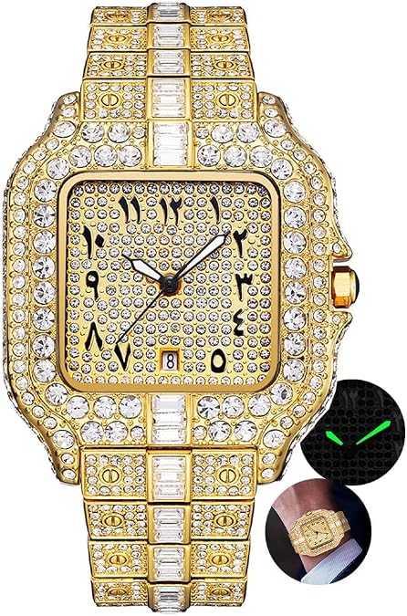 New Luxury Gold Watch for Men Fashion Stainless Steel Quartz Wristwatch Mans Hip Hop Iced Diamond Square Watch Reloj Hombre