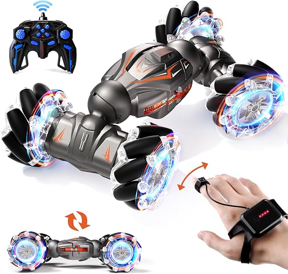 Deejoy 1:12 RC Stunt Car, 2.4GHz 4WD Remote Control Gesture Sensor Toy Cars, Double Sided Rotating Off Road Vehicle 360 Flips with Lights Music, for Boys & Girls Birthday(Black Silver)