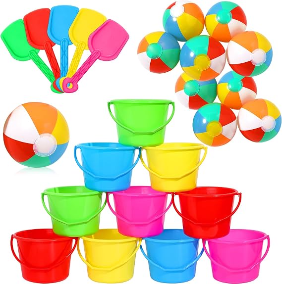 10 Sets Beach Pails Sand Buckets and Sand Shovels Set for Kids Include Plastic Buckets Beach Shovel Inflatable Ball for Summer Pool Water Birthday Party Supplies