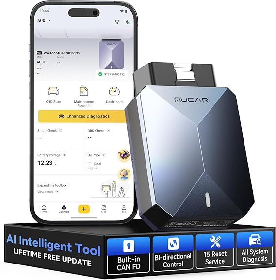 MUCAR BT200 MAX AI OBD2 Bluetooth Scanner, Full System 15 Resets Diagnostic Tools Bi-Directional Control, CAN-FD & FCA Autoauth, AutoVIN, Real-Time Data, ELM327 APP Compatibility, Lifetime Free Update