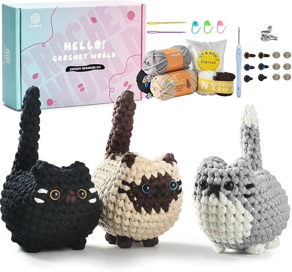 CrochZepiany Crochet Kit for Beginners 3 Crochet Cats with Video for Adults