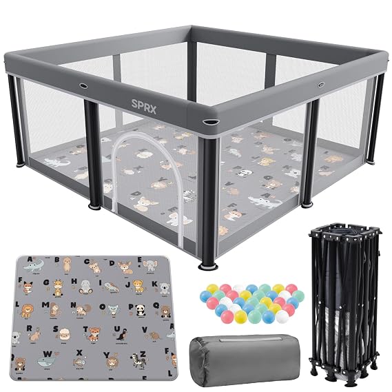 Foldable Baby Playpen with Mat,50"50" Collapsible Playard for Babies and Toddlers,Indoor&Outdoor Kids Safety Play Pen,Portable Travel Playpen with Travel Pack and 50 Ocean Balls