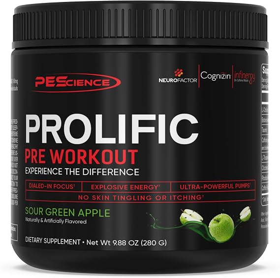 PEScience Prolific Energy Pre Workout L Citrulline for Nitric Oxide, Rhodiola & CDP Choline Nootropic for Focus Preworkout for Men & Women 40 Scoops, Sour Green Apple