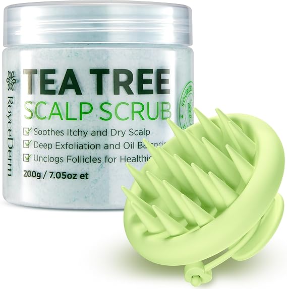 Roycederm Tea Tree Scalp Scrub with Scalp Massager Brush Deep Cleansing & Exfoliating Pre-Shampoo Treatment for Dry, Flaky Scalp Gently Refreshes, Hydrates & Balances Scalp