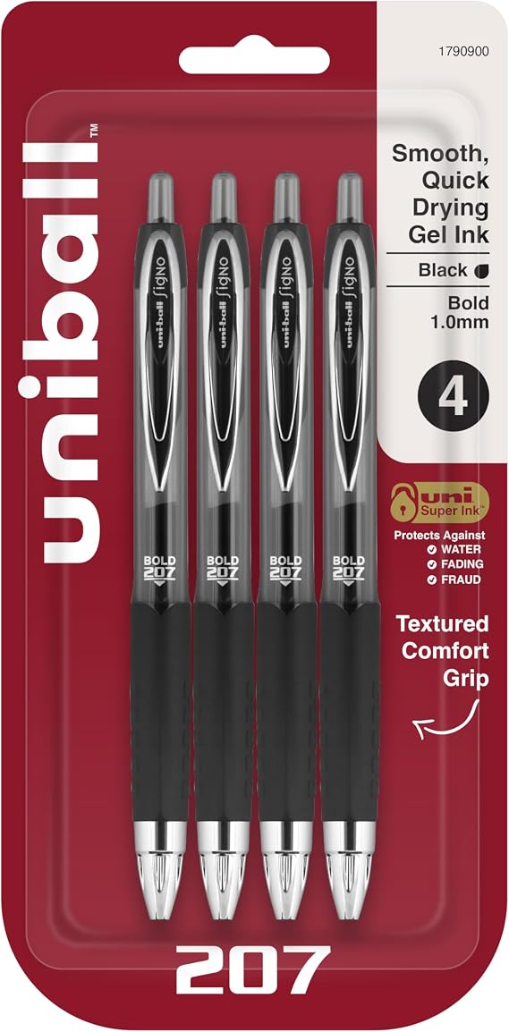 Uni-Ball 207TM Retractable Fraud Prevention Gel Pens, Bold Point, 1.0 mm, Translucent Black Barrels, Black Ink, Pack Of 4