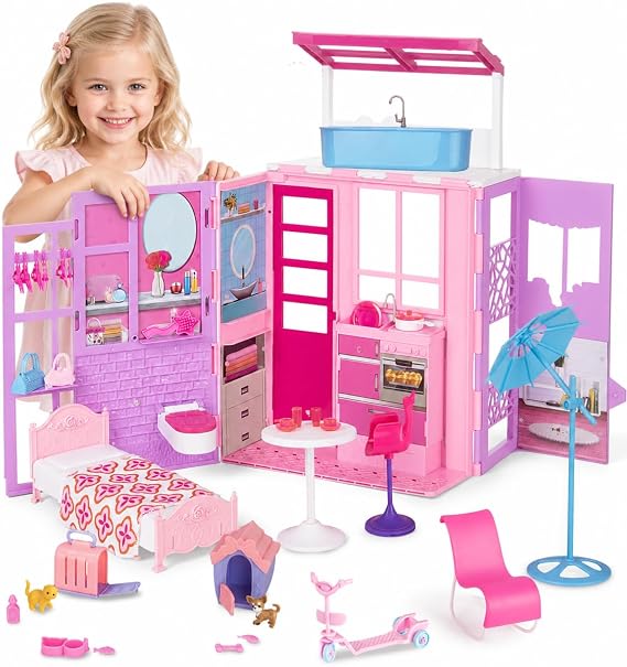 Doll House for 11.5-inch Dolls, 2-Story Foldable Dollhouse with 37 pcs Furnitures & Accessories, Playhouse with Pet House, Gifts for Girls Kids Toddlers