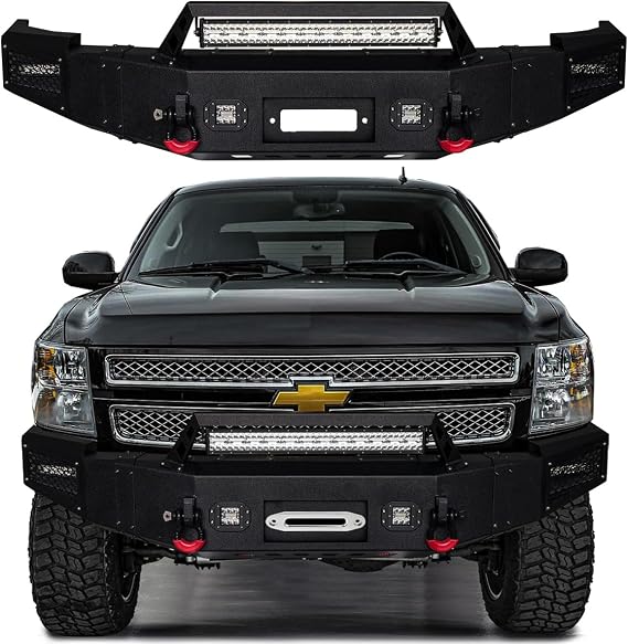 Compatible with 2007-2008-2009-2010-2011-2012-2013 Chevy Silverado 1500 Front Bumper Textured Black Steel with Lights and D-rings