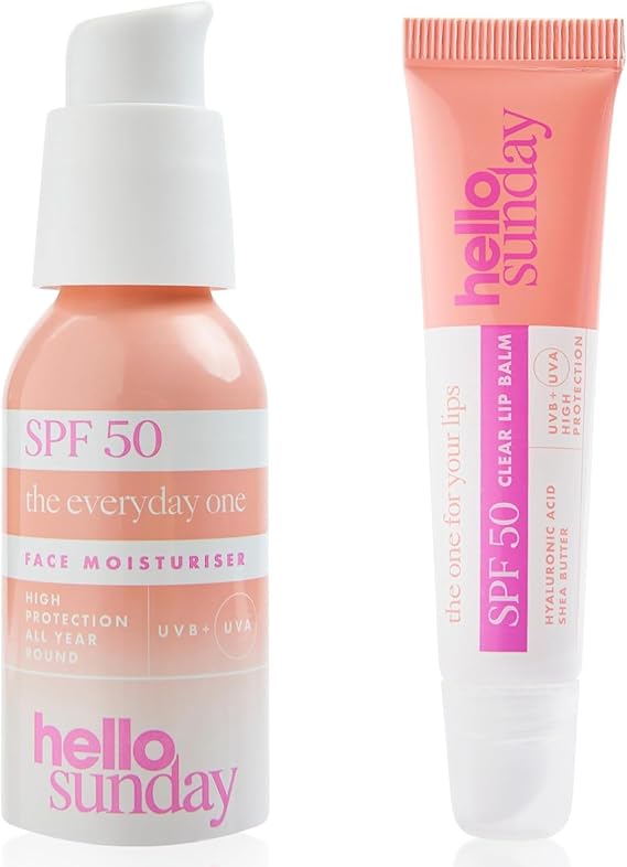 Hello Sunday Everyday Face Moisturiser SPF50 + Lip Balm SPF50 Bundle Hydrating Daily Skincare Duo with Hyaluronic Acid & Squalane UVA/UVB Protection Vegan & Fragrance-Free