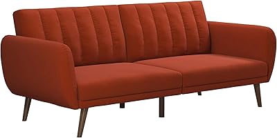 Novogratz Brittany 82 Inch Futon Sofa Bed in Linen, Upholstered Couch Sleeper with Tufted Back, Mid-Century Modern Design, Persimmon