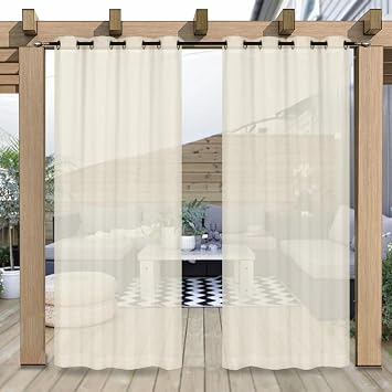 Outdoor Curtain for Patio, Beige Linen Look Semi-Sheer Curtains Waterproof Light Filtering Voile Outside Grommet Drapes for Pergola Balcony Pool Indoor 2 Panels, W52 x L96