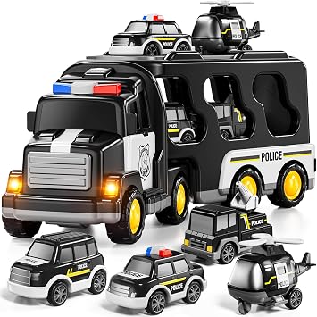 JUKUDAHU Police Truck Toy for 3 4 5 6 Years Old Boys - Carrier Vehicle Toy Set with 3 Small Cars and 1 Helicopter, Kids Firction Powered Car for Age 3-9, Gifts for Boys and Girls