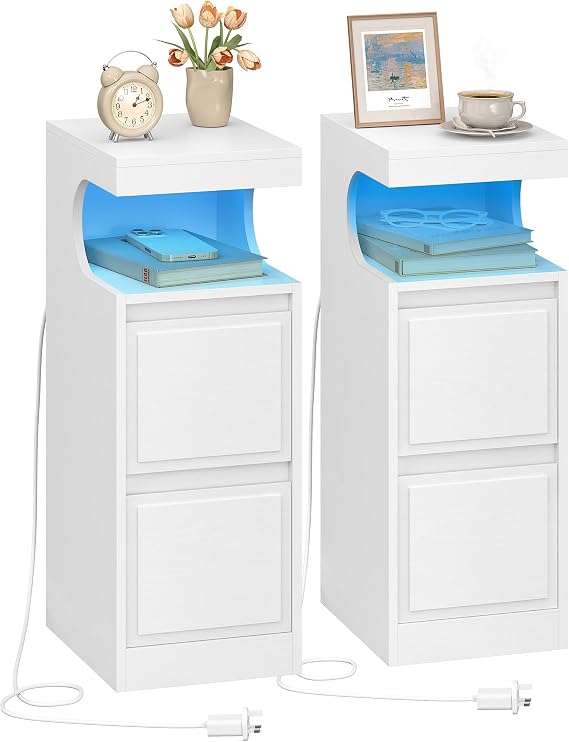 Hzuaneri Slim Bedside Table Set of 2 with LED Lights, Side End Table with 2 Drawers, Bedside Cabinet with Adjustable Light, Nightstand for Bedroom, Living Room, Office, 30 x 24 x 65 cm, White NS39213X
