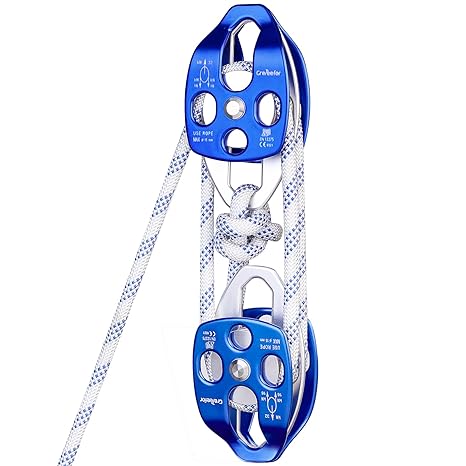 Double Block and Tackle Pulley System with 150Ft x 1/2'' Rope Pulley 7700 LB(35KN) Breaking Strength, 4:1 Lifting Power Sheave Pulley Hoist System for Garage, Attic Heavy Lifting