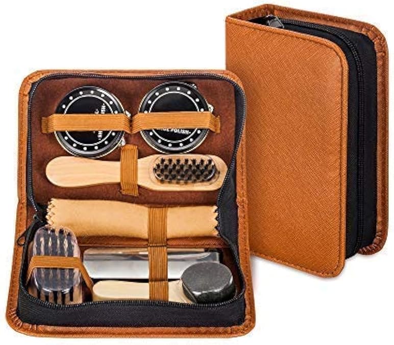 Shoe Shine Kit with PU Leather Sleek Elegant Case, 7-Piece Travel Shoe Shine Brush kit