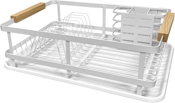 JS Gourmet Dish Drying Rack with Cutlery Holder, Drip Tray and Beechwood Handles, Rust-Resistant Powder Coated Iron Wire Dish Drainer for Organizing Kitchen Counter, Dishes and Utensils