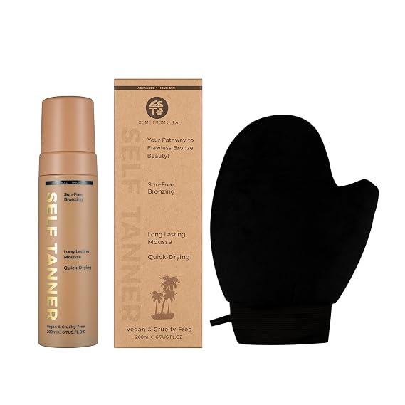 ESTB Dark Self Tanner Kit |Get The Darkest Tan Possible Bundle - Best Dark Self Tanning Mousse w Mitt Applicator, 1 Hour Sunless Tanner, Fast Bronzing Glow, No Fake Tan Smell, Vegan, 6.7 Fl Oz