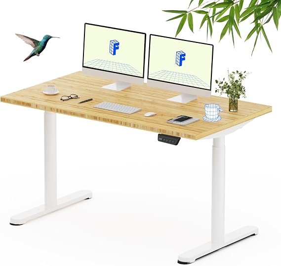 FLEXISPOT Solid Bamboo Standing Desk, 55" x 28" Real Bamboo Desktop with Natural Grain, Durable & Sustainable Workstation for Home Office and Multi-Monitor Setups (White Oval Legs)