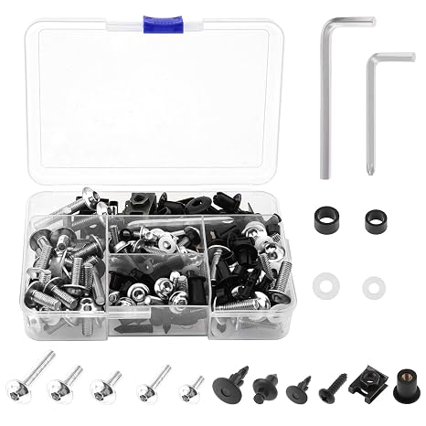 Windance 194pcs/set M5 M6 Fairing Bolt Kit Fit for Yamaha Honda Kawasaki Suzuki BMW Motorcycle Mounting Kits Washers Nuts Screws Clips, Aluminum Alloy Screws Fasteners (Silver)