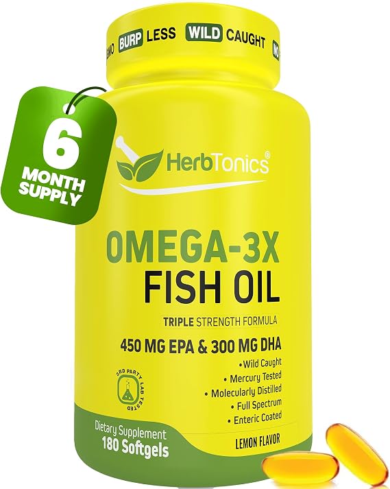Herbtonics Omega 3 Fish Oil 1250mg - High EPA 450mg + DHA 300mg for Heart & Brain Health | Triple Strength, Burpless Lemon Flavor, Wild Caught | 180 Softgels (Up to 6 Month Supply)